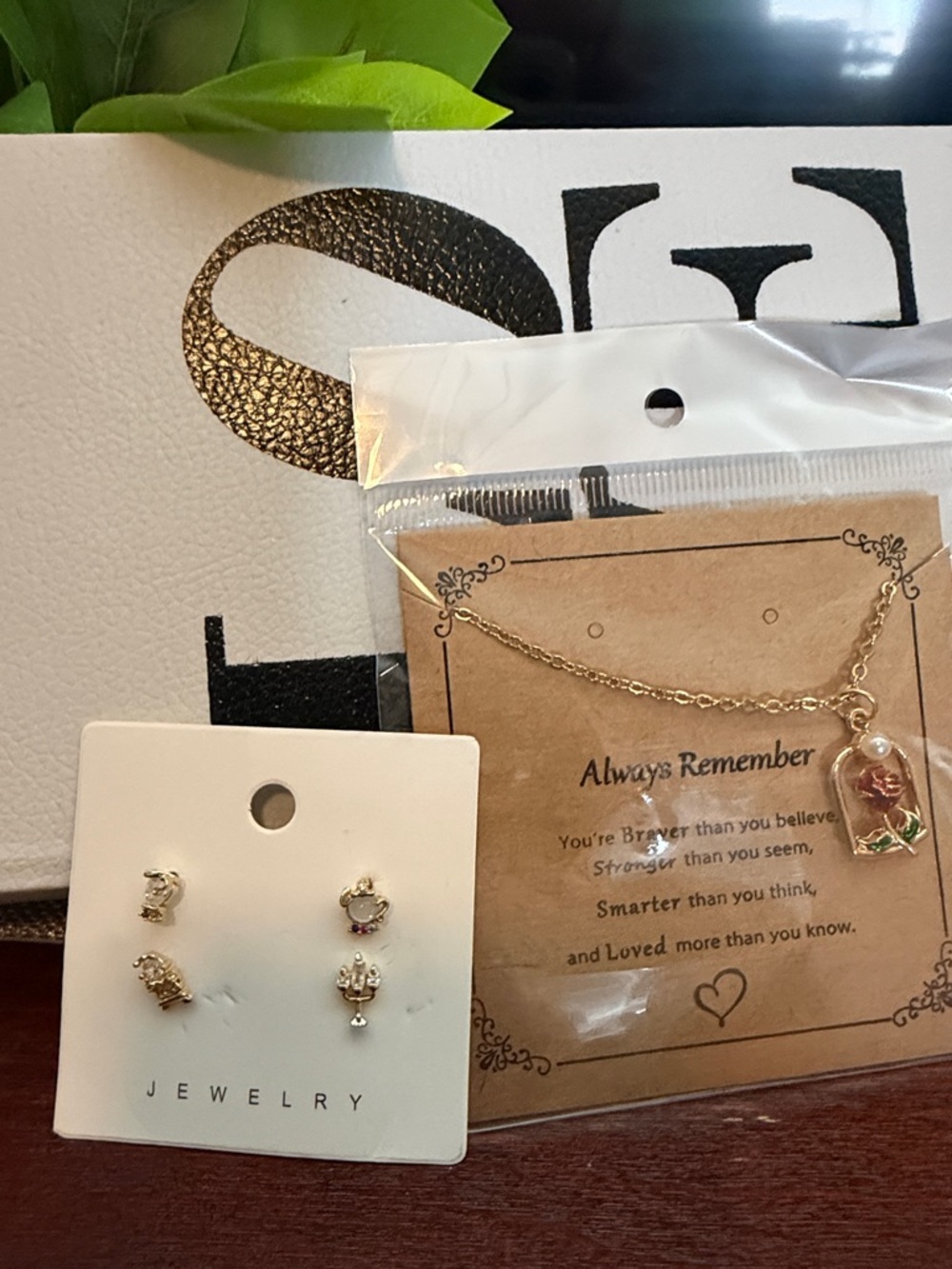 Beauty and Beast Gold-Tone Rose Pendant Necklace with Matching Stud Earrings